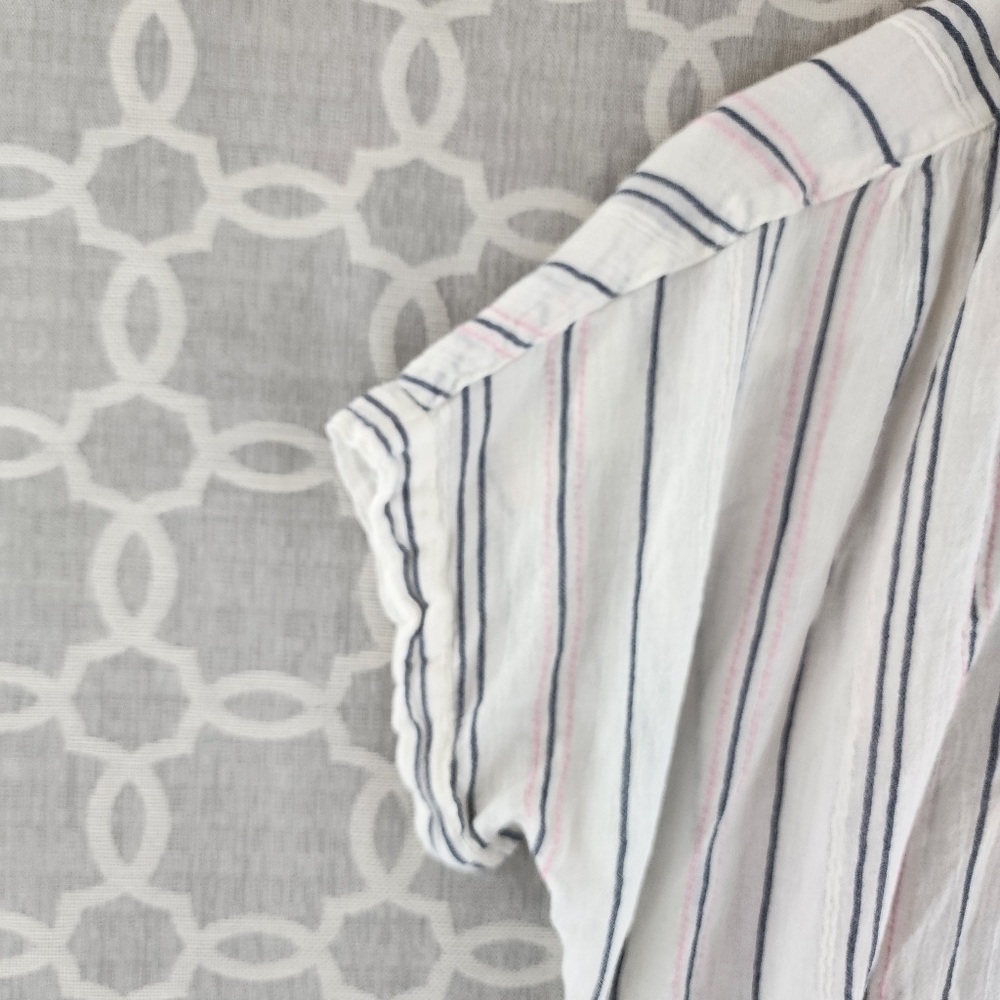 aerie White Button-Front Short Sleeve Striped Blouse - Picture 6 of 10